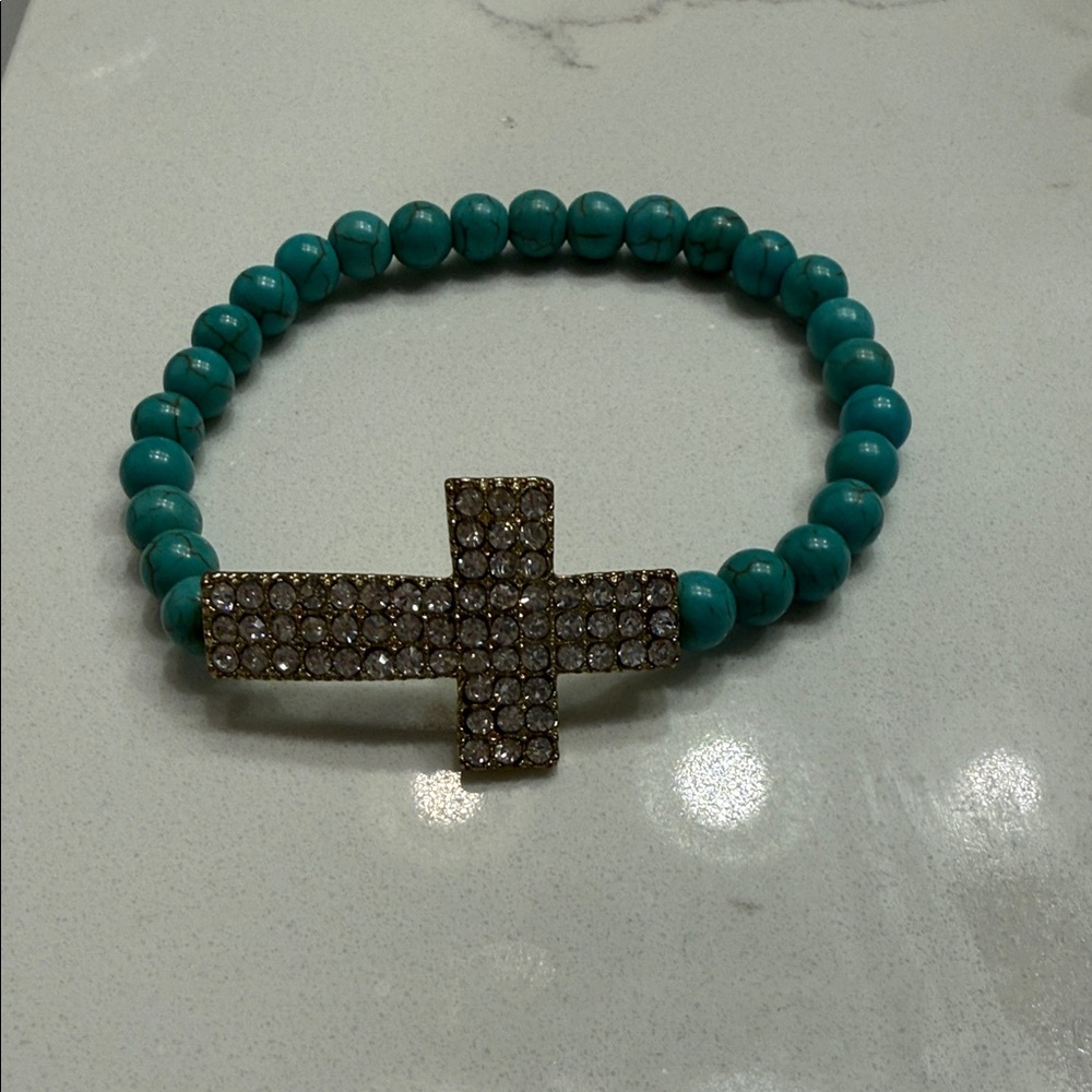 Turquoise Beaded Bracelet with Chrystal Cross
